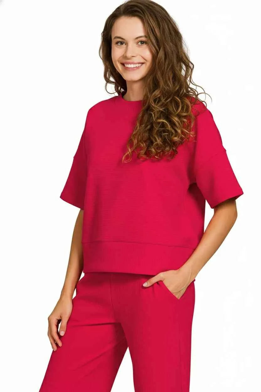Zenana Ribbed Round Neck Tee & Pants Set