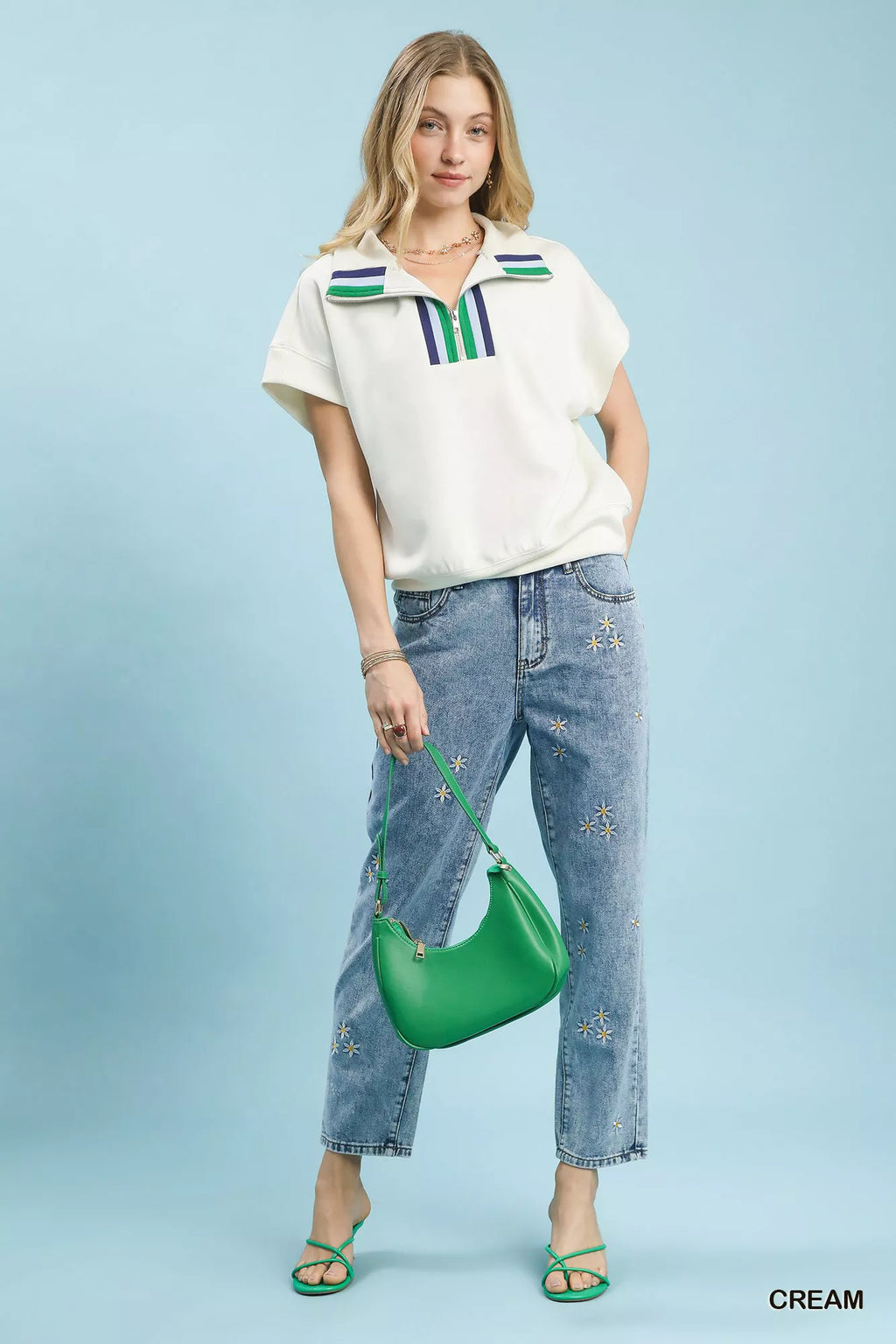 Umgee Blouse Cream Striped Collared Neck Half-Zip Top Short Sleeve 29254f7e-004f-40c0-b5be-f0a82379bad0-Max-Origin Trendsi