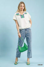 Umgee Blouse Cream Striped Collared Neck Half-Zip Top Short Sleeve 29254f7e-004f-40c0-b5be-f0a82379bad0-Max-Origin Trendsi