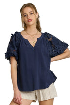 Umgee Linen Top Dark Navy French Terry Boxy Cut Top with 3D Floral Short Sleeve Dark Navy 2929d8dc-9c0e-4bfa-8717-cc1bef42dfa0-Max Trendsi