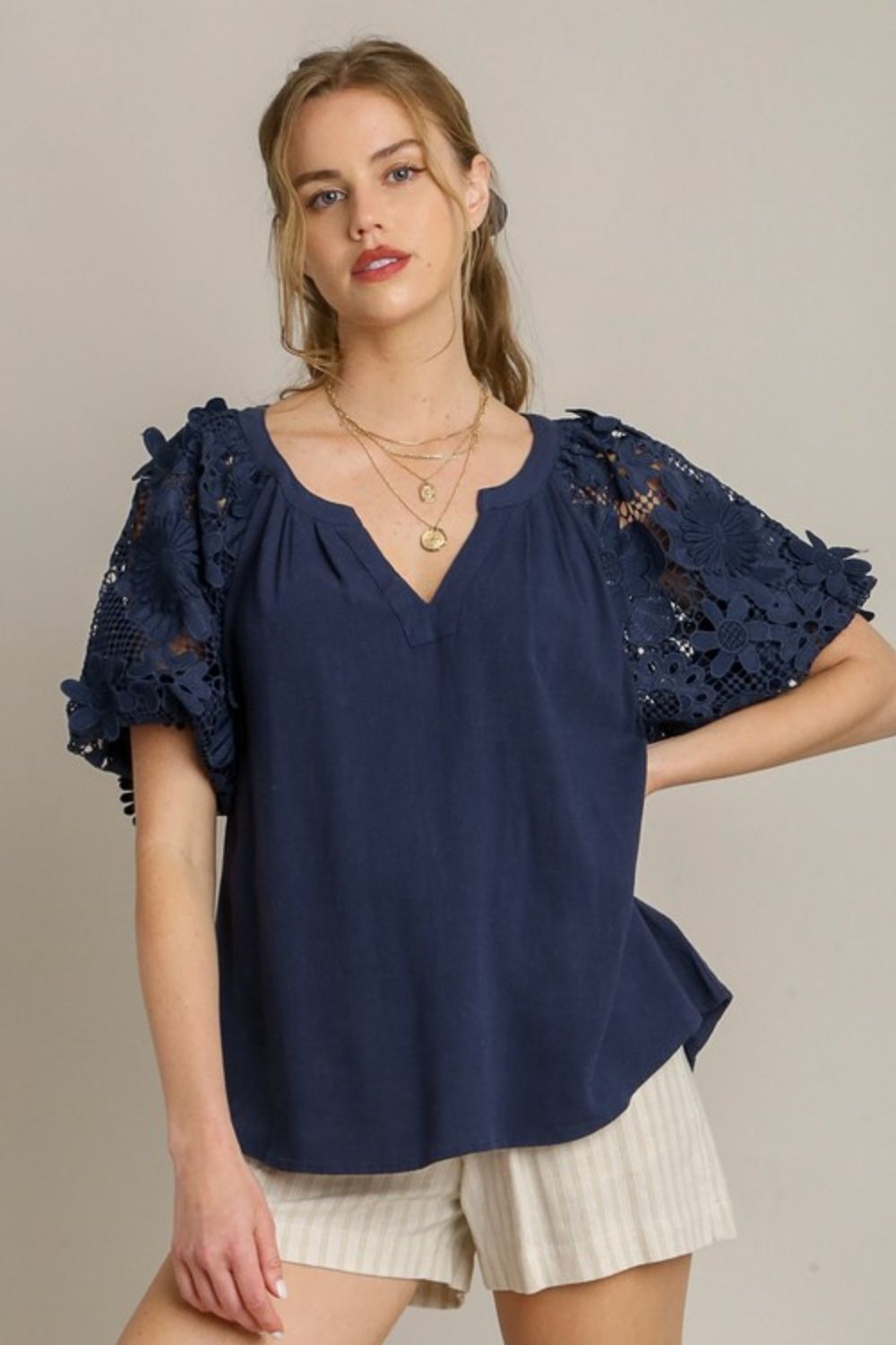 Umgee Linen Top Dark Navy French Terry Boxy Cut Top with 3D Floral Short Sleeve Dark Navy 2929d8dc-9c0e-4bfa-8717-cc1bef42dfa0-Max Trendsi