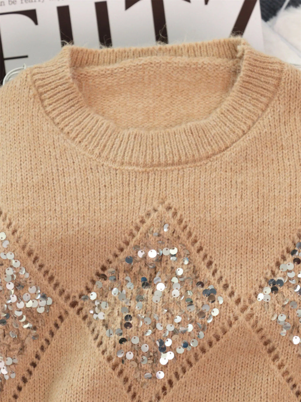 Women's Sweater Sequined Diamond Pattern Oversized Knitwear 29317d7853dd4d23830c0b0f1acf6fe0-Max-Origin Trendsi