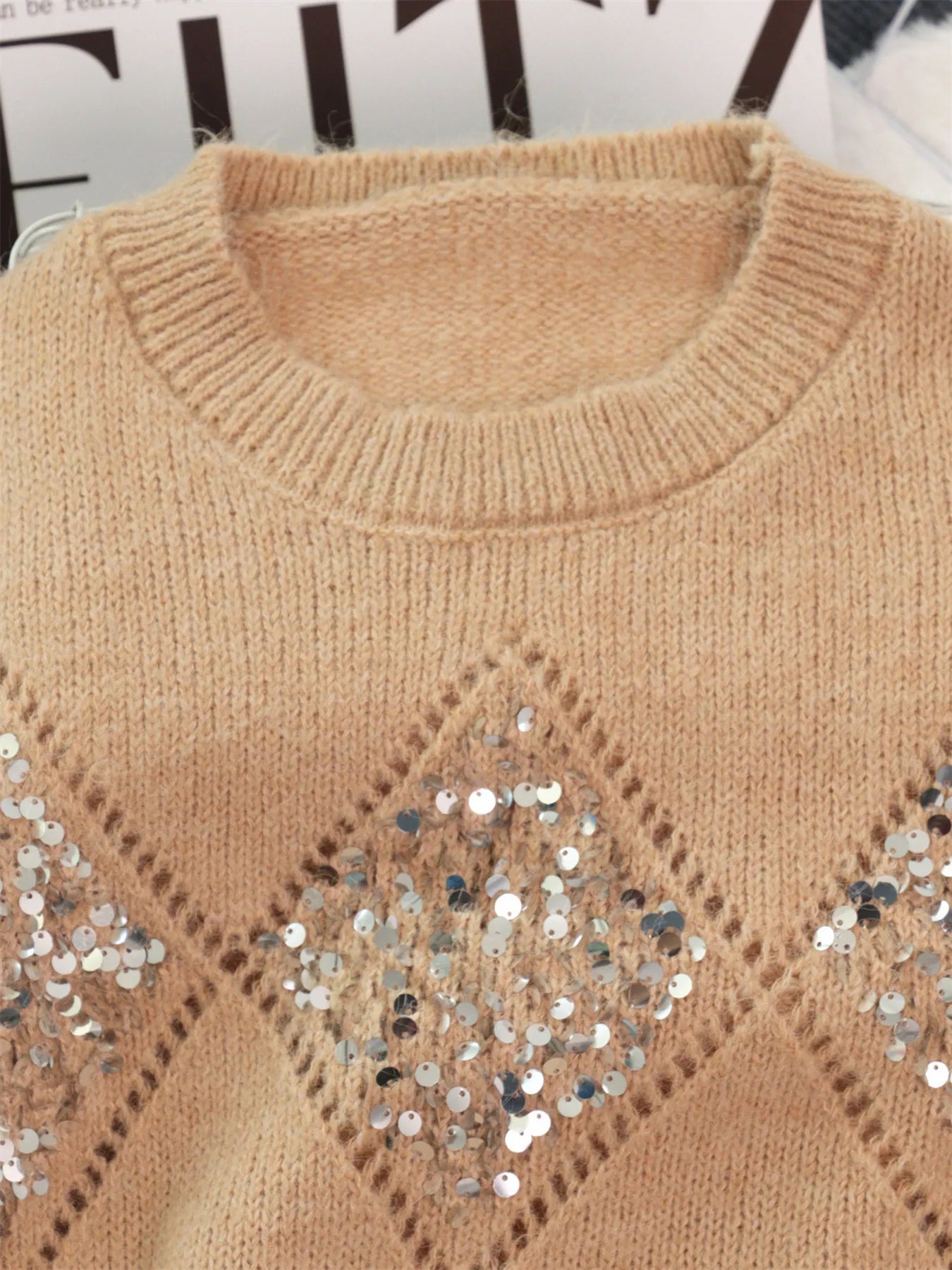 Women's Sweater Sequined Diamond Pattern Oversized Knitwear 29317d7853dd4d23830c0b0f1acf6fe0-Max-Origin Trendsi