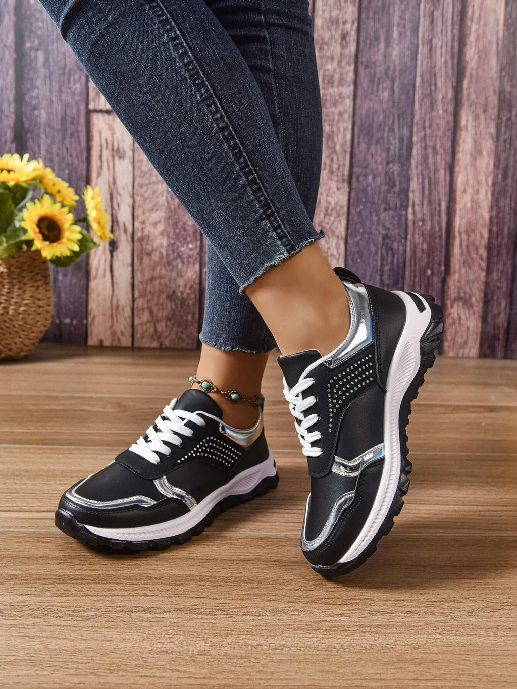 Women's Sneakers Pu Leather Rhinestone Lace Up Round Toe Low Heels Shoes 293488441a4e4d6db240b807efecc9a7-Max-Origin Trendsi