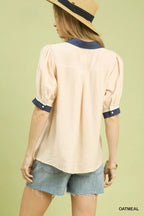Umgee Blouse Floral Embroidered Puff Short Sleeve Contrast Trim Top 29351aa7-27ac-4620-8f56-1a2e67462f10-Max-Origin Trendsi