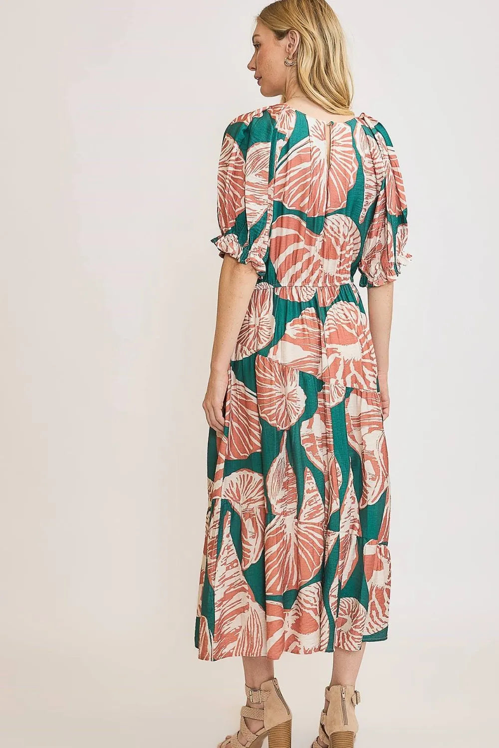 Umgee Midi Dress Green Leaf Printed Notched Puff Short Sleeve 29428af2-5831-4a7f-bd92-30f7e8a283de-Max-Origin Trendsi
