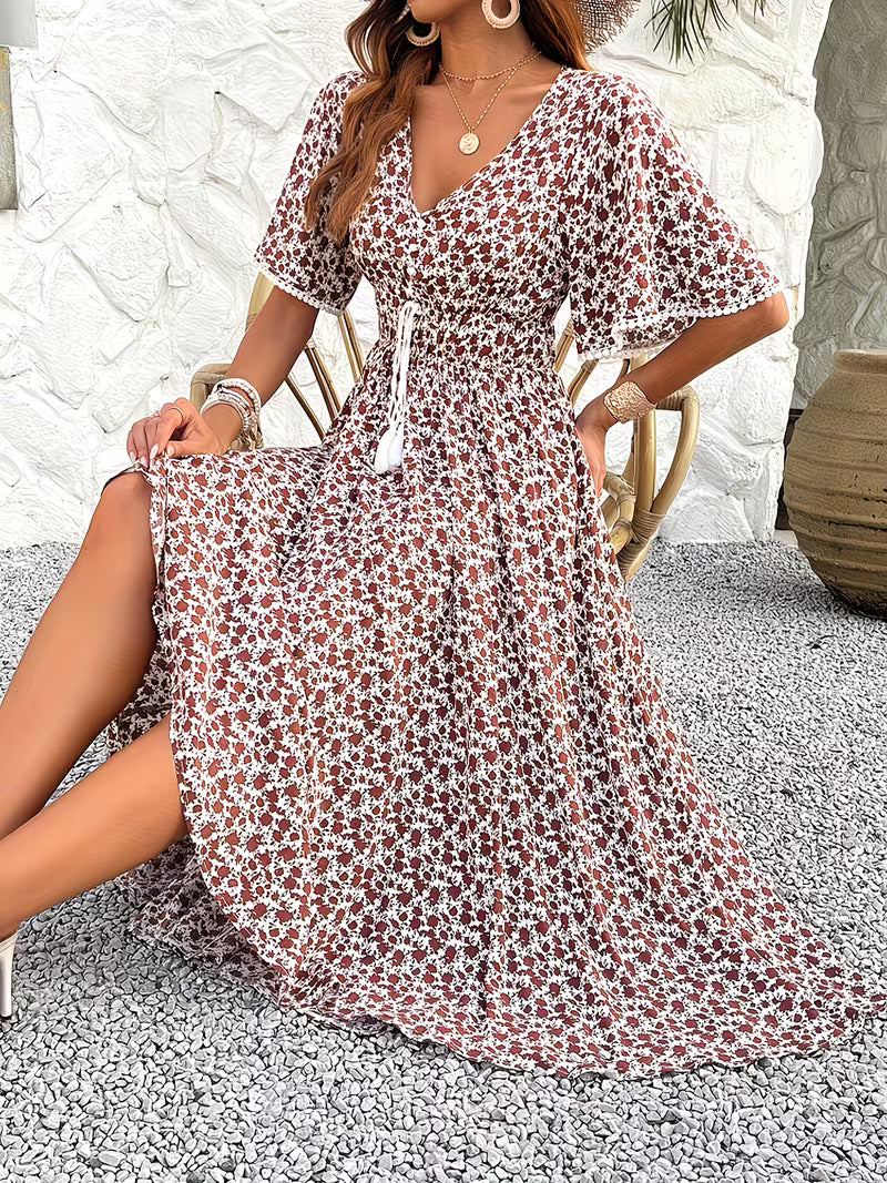 Women's Floral Midi Dress V-Neck Ruffle Short Sleeve Summer Fashion