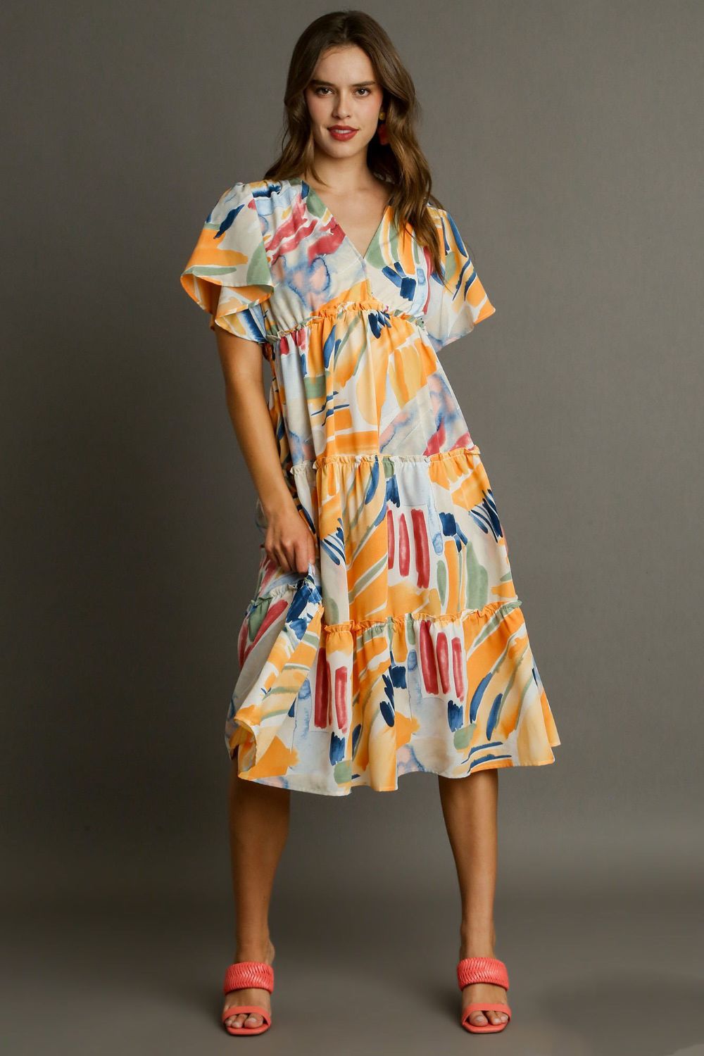 Umgee Midi Dress Abstract Colorful Print Flutter Short Sleeve Frill Tiered