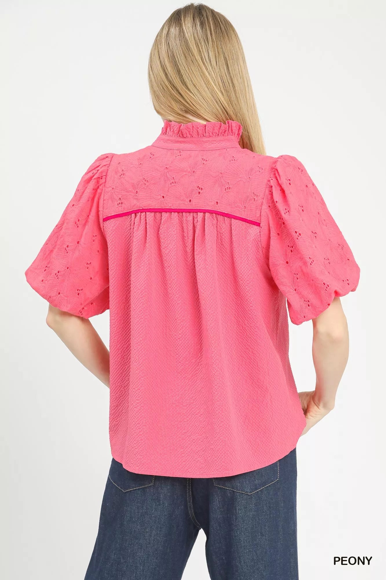 Umgee Blouse Eyelet Mix Puff Short Sleeve Top with Contrast Piping Peony Pink 29602a4a-bc57-40d1-91cd-ed7464962dd1-Max-Origin Trendsi