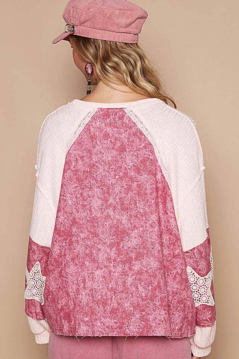 POL Top Floral Lace Detail Pattern V Neck Oversized Long Sleeve Blouse