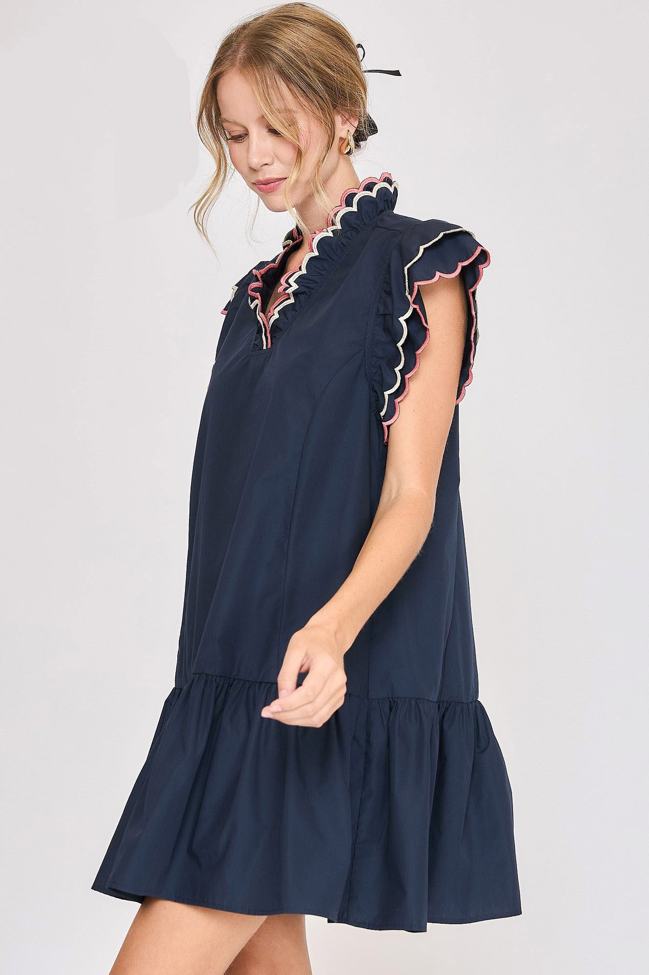 Umgee Mini Dress Ruffled Scalloped Sleeved V Neck Dark Navy Ruched 2973cc0b-a134-4816-862d-006b1b41f2a0-Max Trendsi