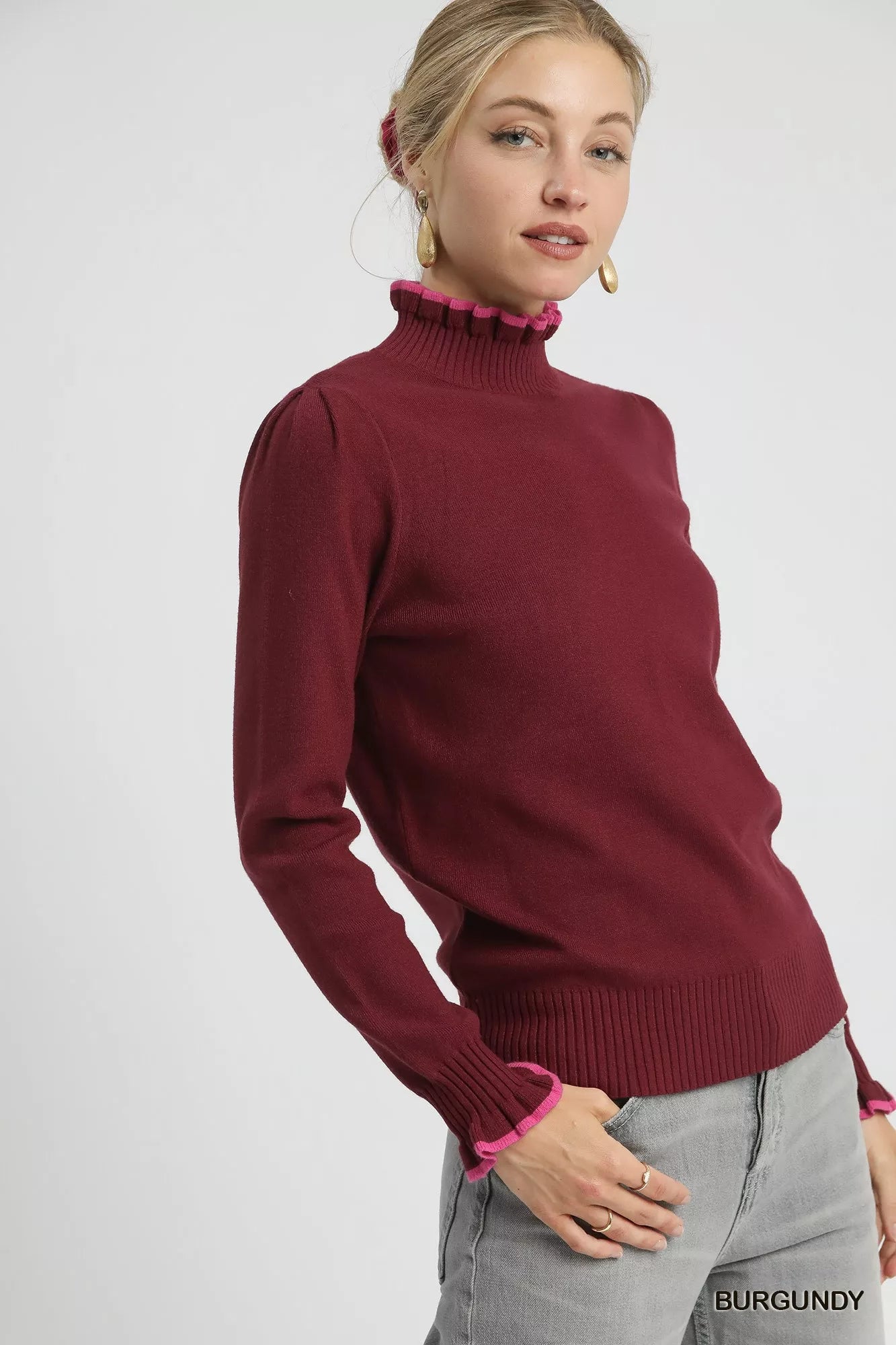 Umgee Women's Sweater Burgundy Ribbed Round Neck with Ruffle Contrast Trim 2987bb0c-111b-46fe-ab6a-19e37bb9b98c-Max-Origin Trendsi