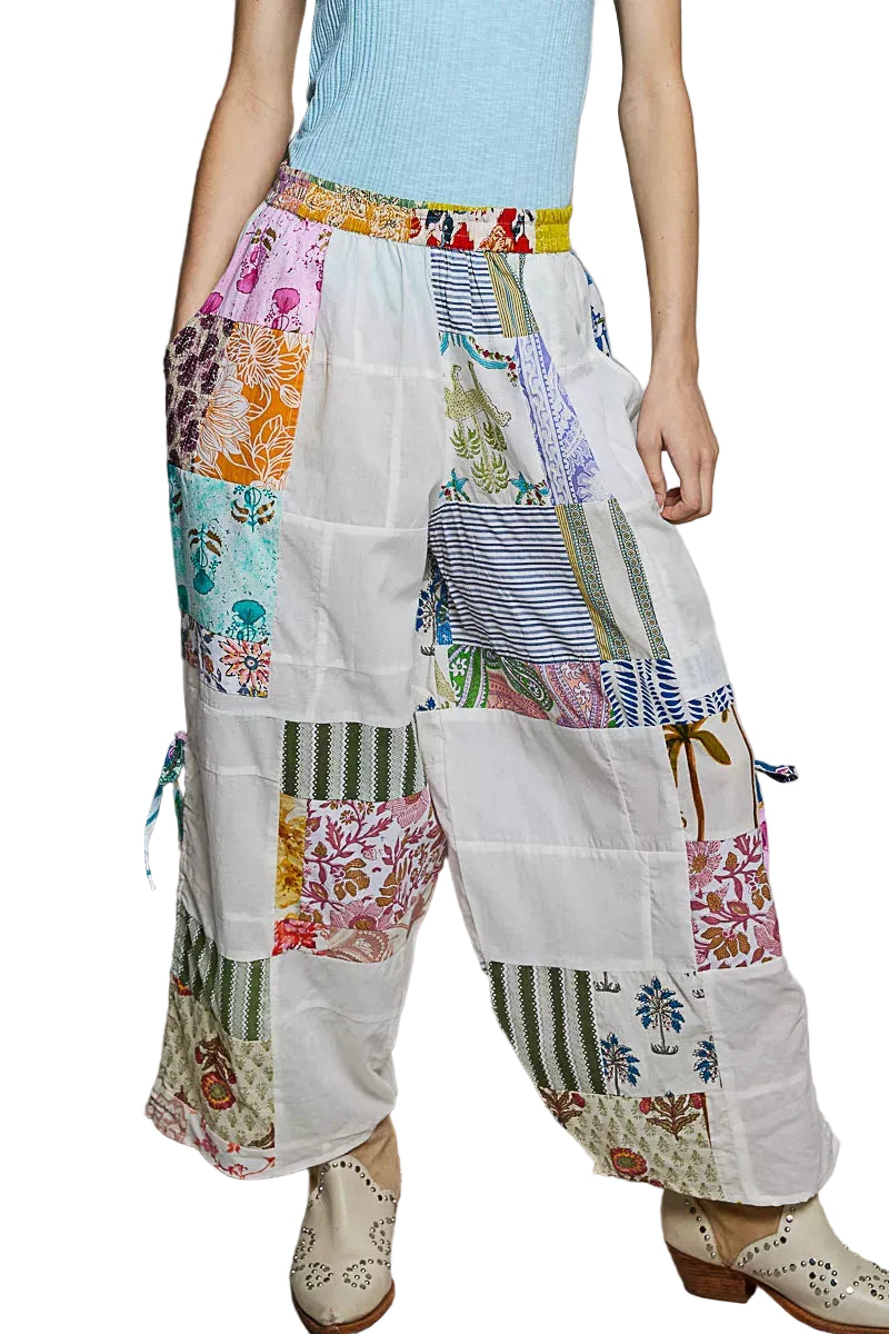 Printed Patchwork Wide-Leg Pants with Adjustable Side Drawstring by POL