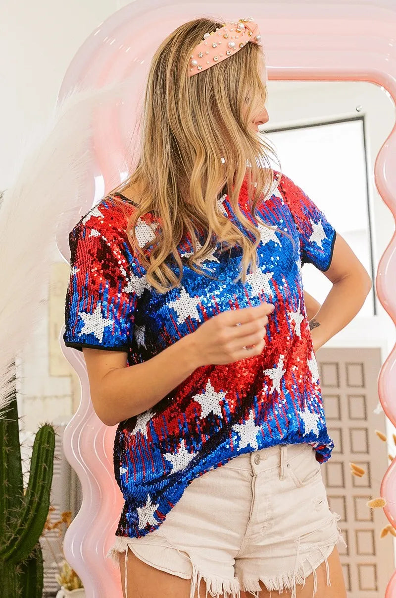 BiBi Sequin Top American Theme Star Pattern Short Sleeve T-shirt 2998bfbc80574de4bb678972229da661-Max-Origin Trendsi