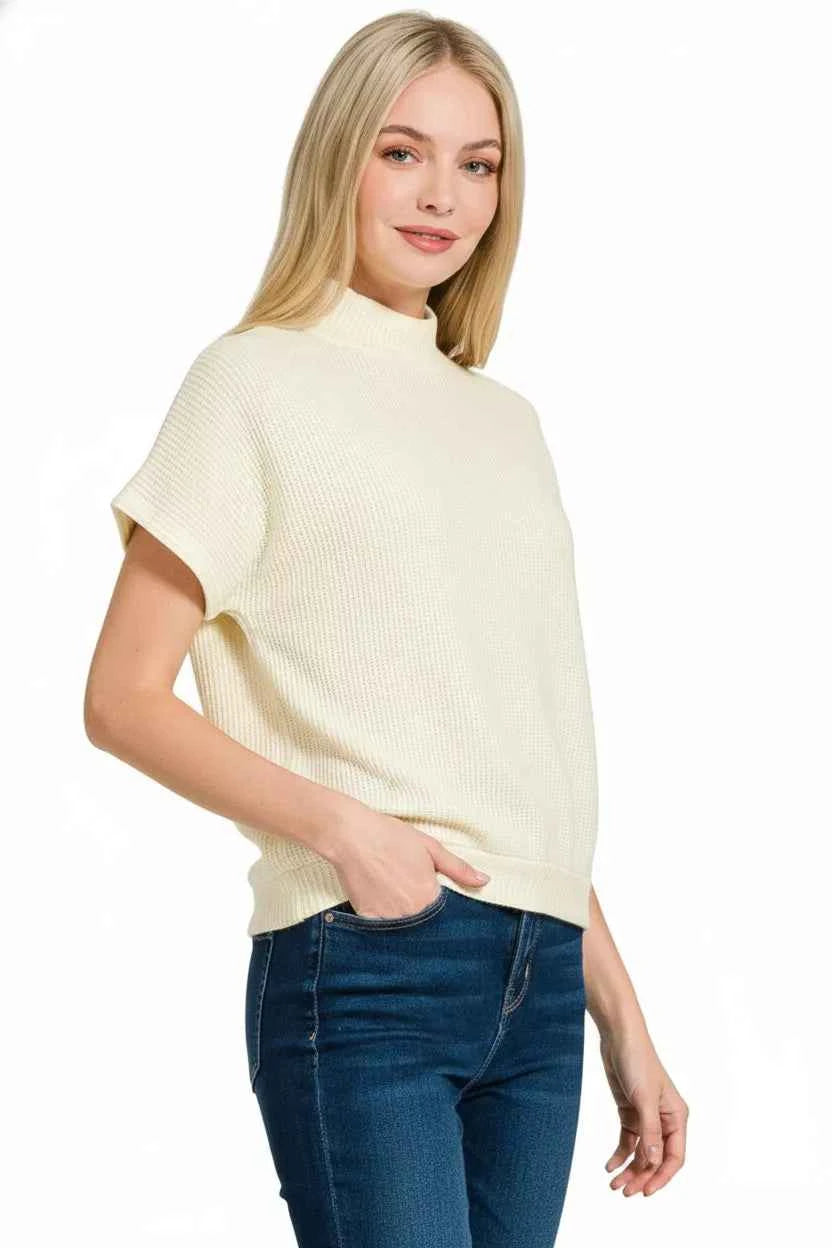 Zenana Mock Neck Sweater Top Cream Waffle-Knit Short Sleeve 29995046-e6cd-4edc-a30b-caf906a0c849-Max-Origin Trendsi