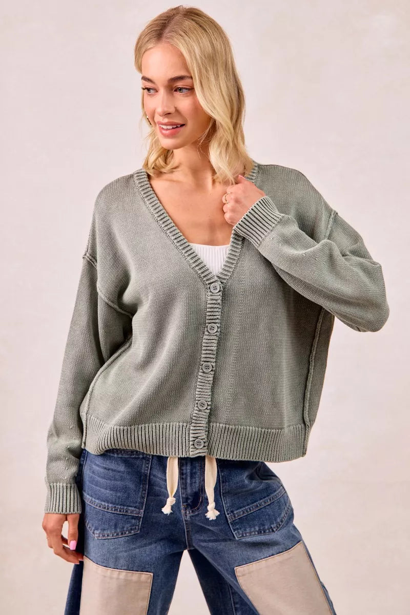 BiBi Womens Cardigan Cotton Washed Sweater Olive V Neck Basic Style 29a112867aea491d955e414be357f268-Max-Origin Trendsi
