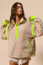 BiBi Womens Sherpa Jacket Neon Green Contrast Edge Half Zip Up Outwear 29a3692d6f044b20a0f4e34e33992f29-Max-Origin Trendsi