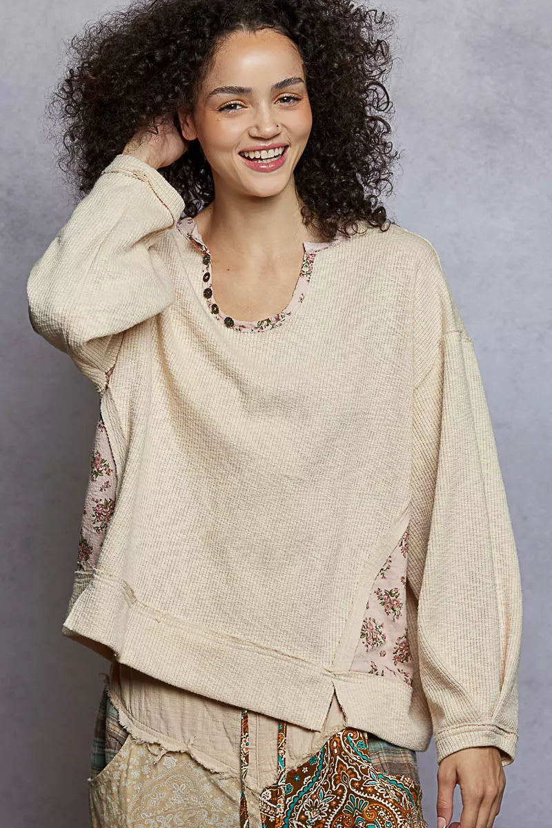 POL Balloon Sleeve Oversized Ribbed Top with Floral Pattern Contrast 29af45cc-d81e-4b21-8c0f-5817e6c26fe4-Max-Origin Trendsi