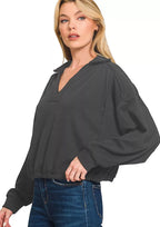 Zenana Sweatshirt Black French Terry Collared Exposed Seam Top BLACK 29b18eafd6f64c90b67abb598059d026-Max-Origin Trendsi