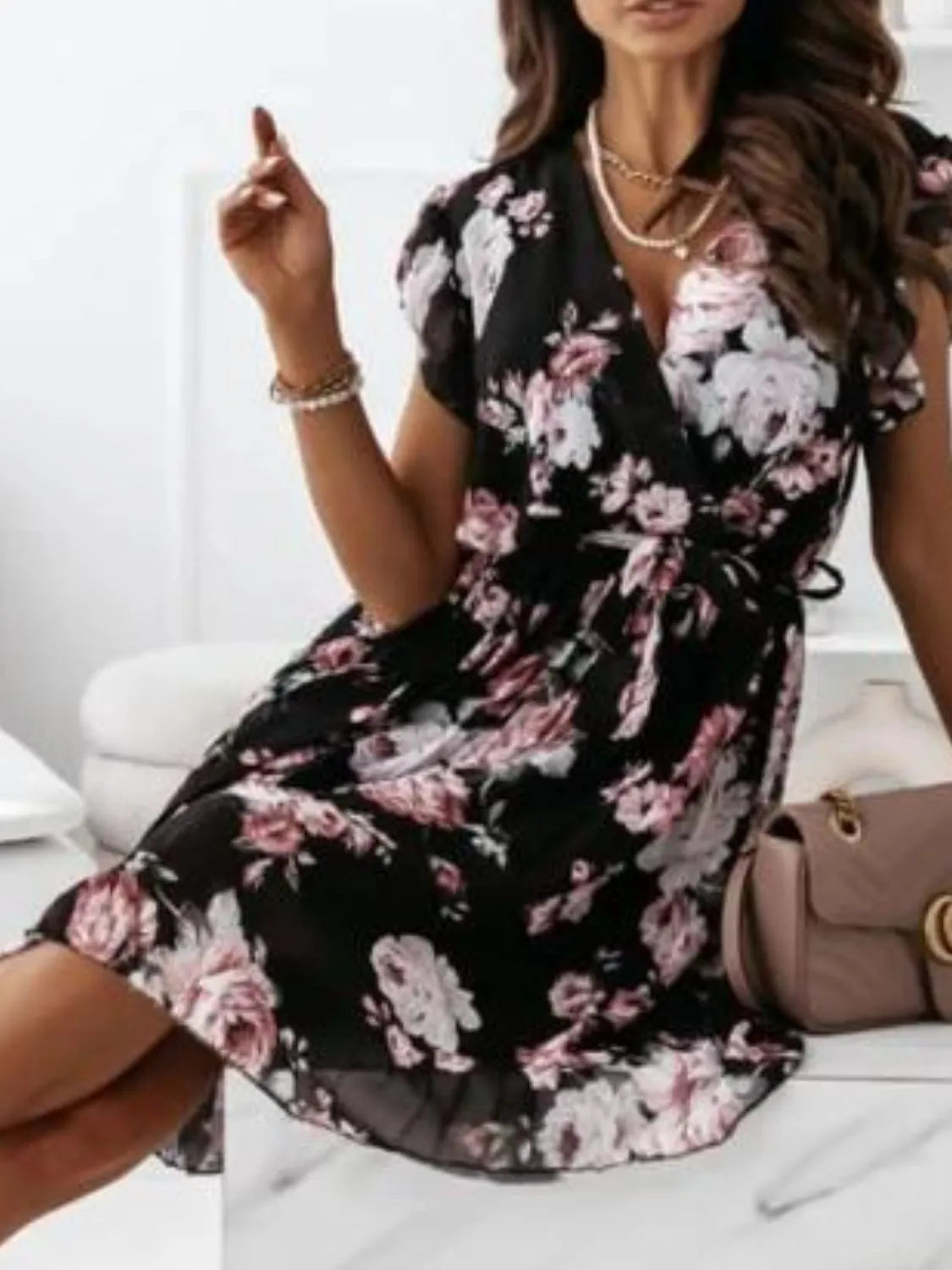 Floral Ruffle Dress Surplice Ruffled Cap Short Sleeve Tied Waist 29bf60e4-664b-4d50-aa04-833f6f393e2d-Max-Origin Trendsi