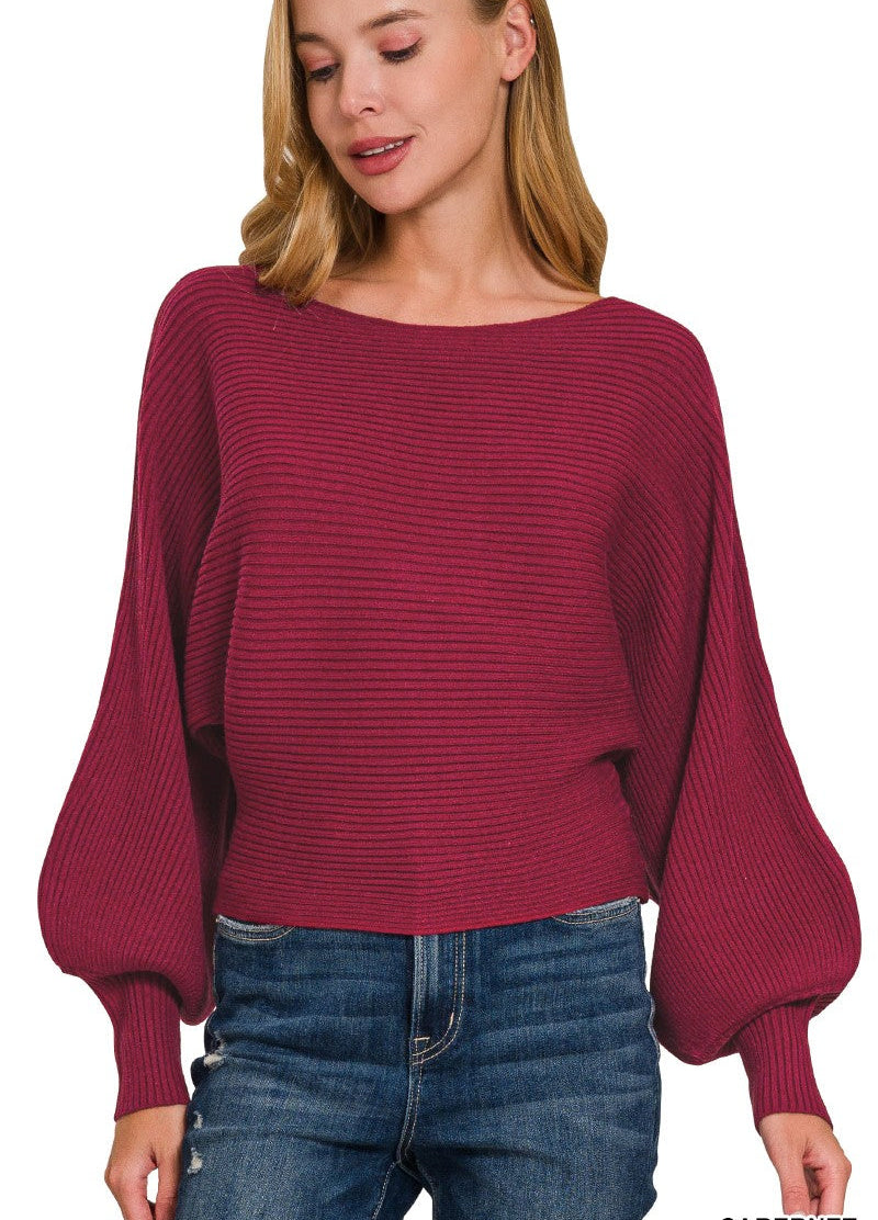 Zenana Boat Neck Balloon Sleeve Sweater