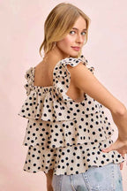 BiBi Polka Dot Ruffled Bow Tied Square Neck Sleeveless Top