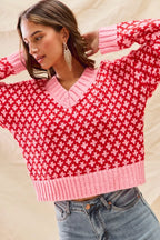 SO ME Christmas Women's Sweater Red Pink Color Block Textured V Neck Top 29cc1a6be0164d2e9a4462cb0d72c786-Max-Origin Trendsi