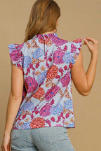 Umgee Floral Print Ruffled Cap Short Sleeve Blouse Plus Sizes 29ccddac-1bf8-40a6-9399-1c6818a6af8d-Max Trendsi