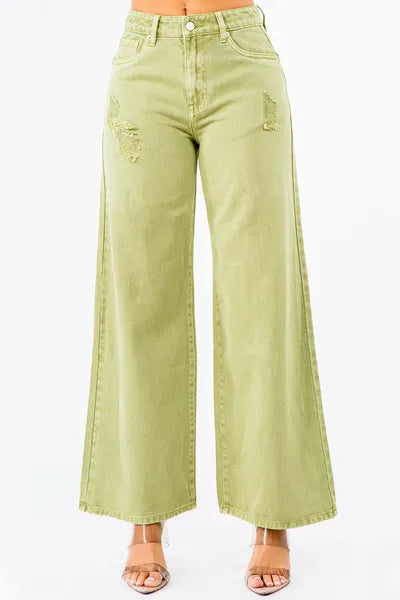 American Bazi Women's Jeans High Waist Distressed Wide Leg Yellow-Green Denim Yellow-Green 29d6f013-fa48-433a-9712-4defef39d0cc-Min Trendsi