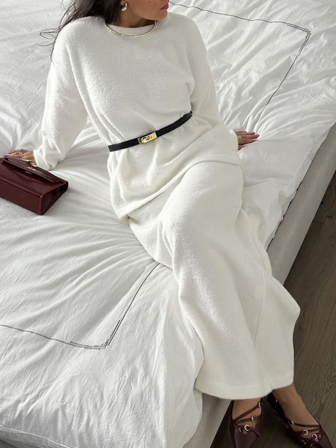 Women Sweater Set and Midi Skirt Knit 2 Pcs Soft Acrylic Long Sleeve Outfit Set White One Size 29d9015f-dfaf-403b-a385-1f48d8c31e53-Max Trendsi