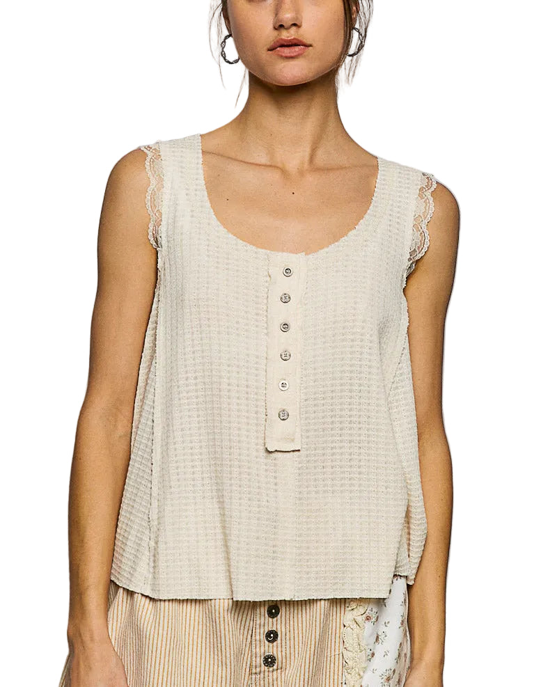 POL Textured Knit Round Neck Tank with Lace Detail