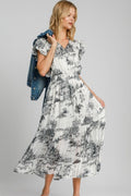 Umgee Midi Dress Black Landscape Print Ruffle Short Sleeve S-2XL Black 29e2709d-8be0-4258-9fbc-47fa7bd88fb6-Max Trendsi