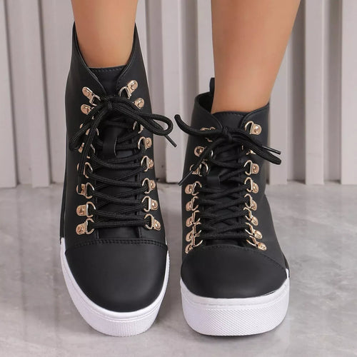 Lace-Up Platform Sneakers with Mid Heel, PU Leather and Rubber Material