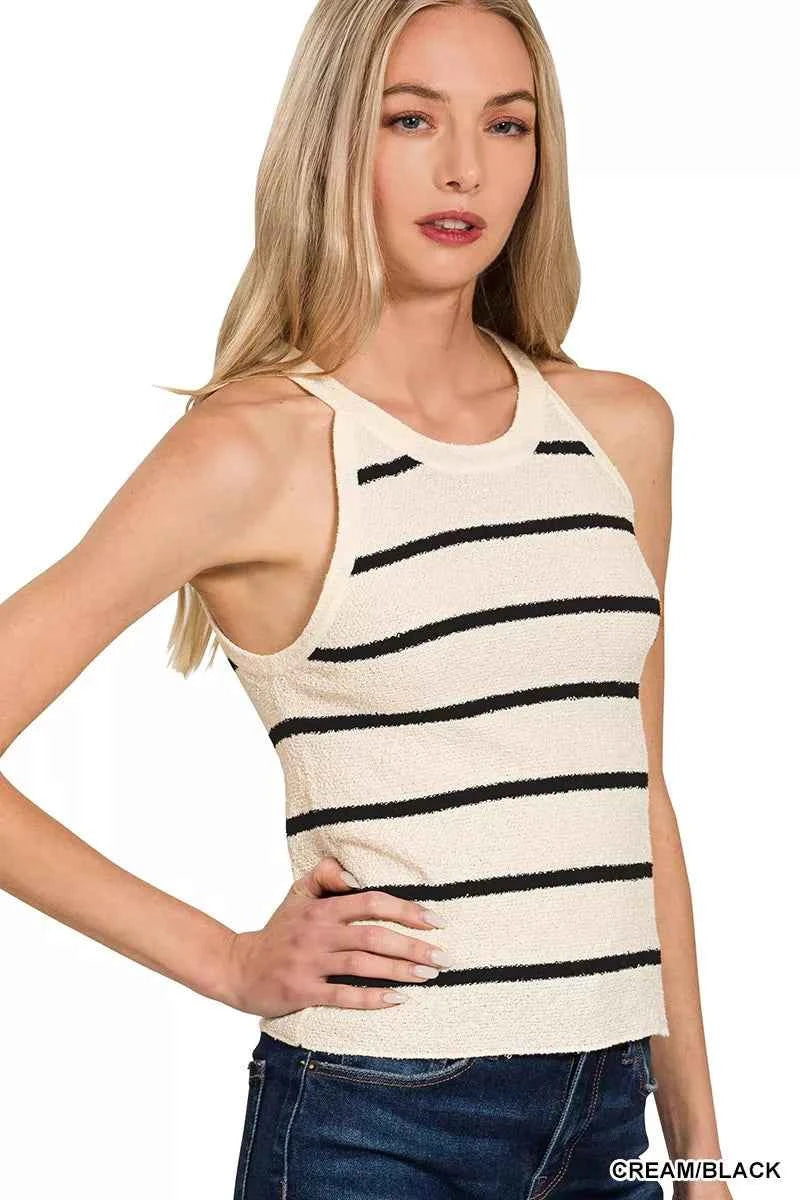 Zenana Women Sweater Tank Top Stripe Cream Black Sleeveless Knit Top 29ebd6231b9446aca563509fa45f235a-Max-Origin Trendsi