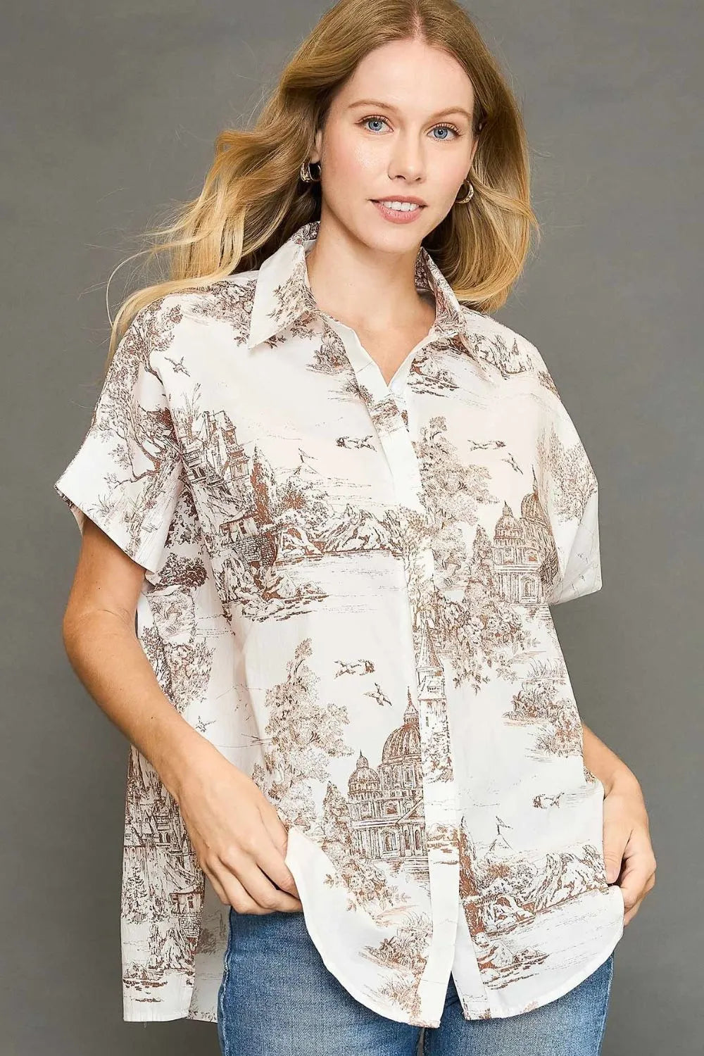 Umgee Shirt Khaki Two Tone Print Short Sleeve Cotton Top Khaki 29ee1454-d5f2-469d-a48f-a535e22fea65-Max-Origin Trendsi