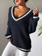 Sweater Knit V-Neck Contrast Stripe Trim Long Sleeve Knitwear 29f84acc-6911-4ddc-8687-4e22ebe95b76-Max Trendsi
