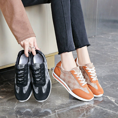 Round Toe Lace-Up Sneakers with PU Leather and Rubber Sole