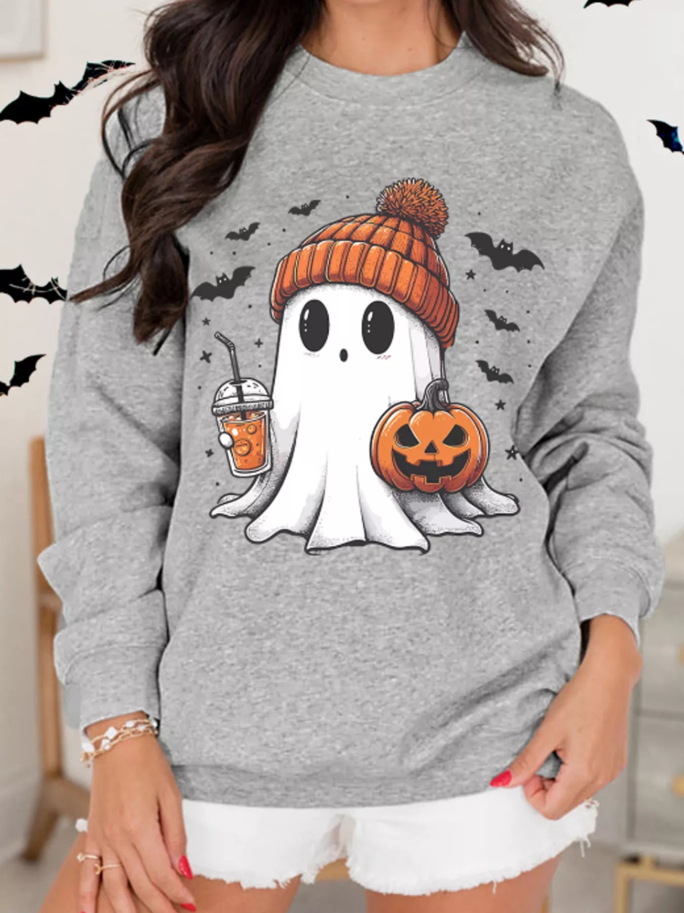 Halloween Women's Sweatshirt Ghost Gray Round Neck Long Sleeve Top 29f8b2dcdd0b4ed98ee433c1a54218b5-Max-Origin Trendsi
