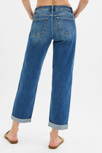 RISEN Women's Boyfriend Jeans Mid Rise Roll Up Cuff Dark Washed Denim 29faf959ee1f4682a8f4fa830309eda1-Max-Origin Trendsi