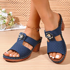 Women Open Toe Block Heel Sandals Mid Heel Hollow Flower Slippers Casual Slip-On
