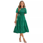 Midi Dress Ruffle Green Smocked Waist Short Sleeve Layered Summer Dress S-2XL