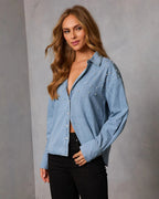 Casual Women's Denim Shirt Pearl Beaded Button-Up Long Sleeve Lightweight Top