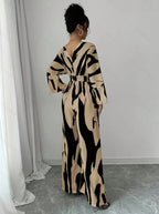 Women's Elegant Abstract Print Wide Leg Jumpsuit Belted V-Neck Long Sleeve Overall