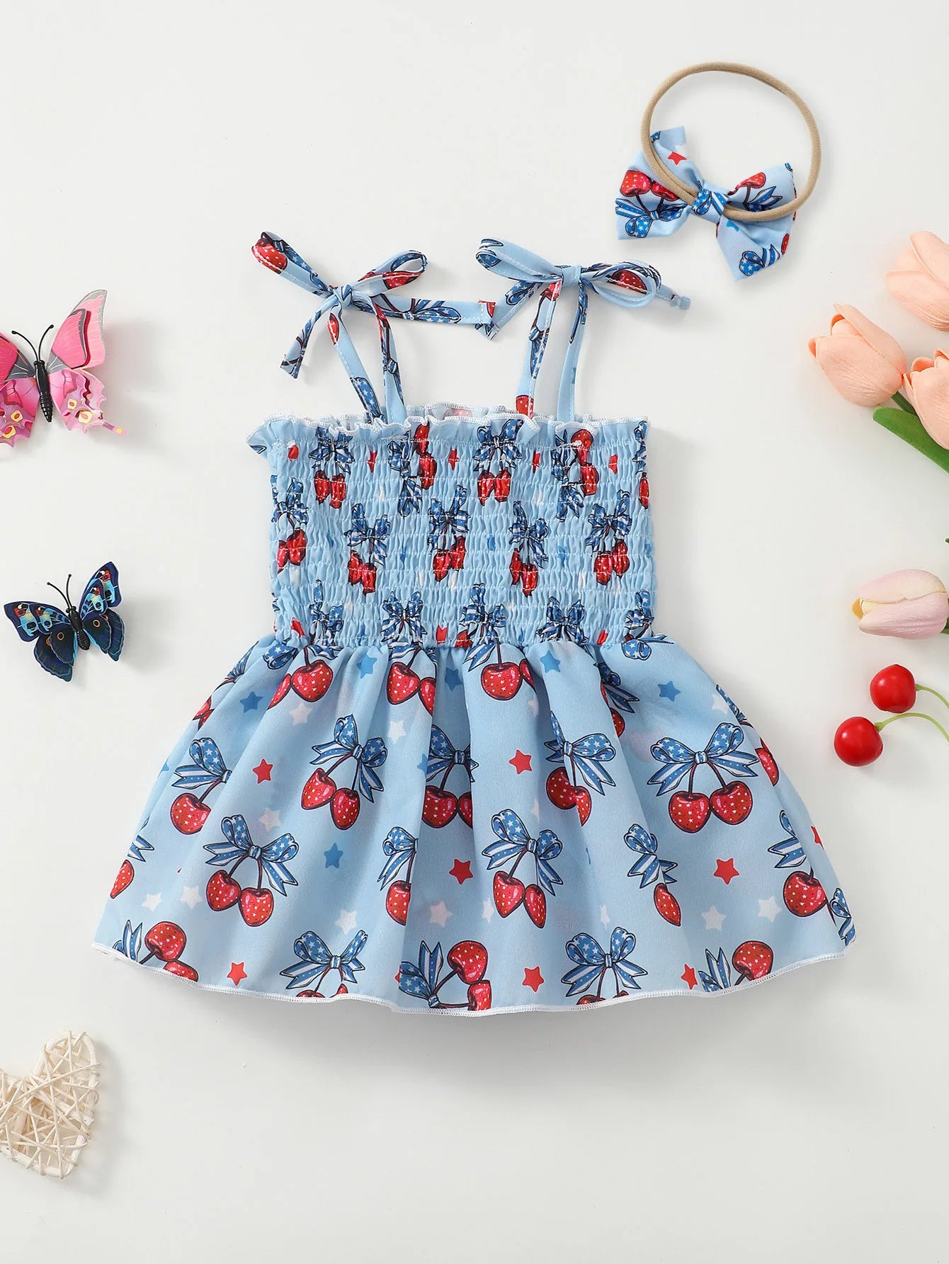 Children's Cherry Print Bodysuit Dress & Headband Set Blue Baby Toddler Cute Outfit