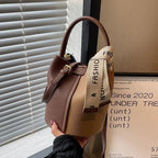 Women's Bucket Bag Small Coffee Brown PU Leather Two-Tone Casual Crossbody