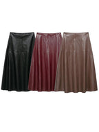Women's Faux Leather Midi Skirt High-Waisted Pleated Casual Fashion