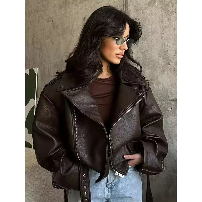 Women's Jacket Vintage Belted Faux PU Leather Front-Zip Turn-Down Lapel Full-Sleeve Casual Coat