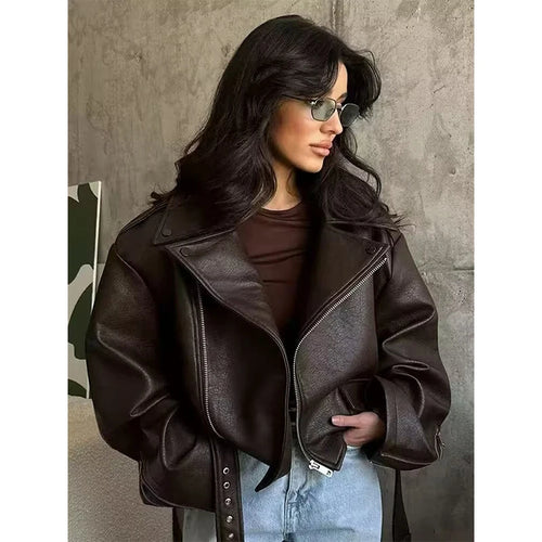 Women's Jacket Vintage Belted Faux PU Leather Front-Zip Turn-Down Lapel Full-Sleeve Casual Coat