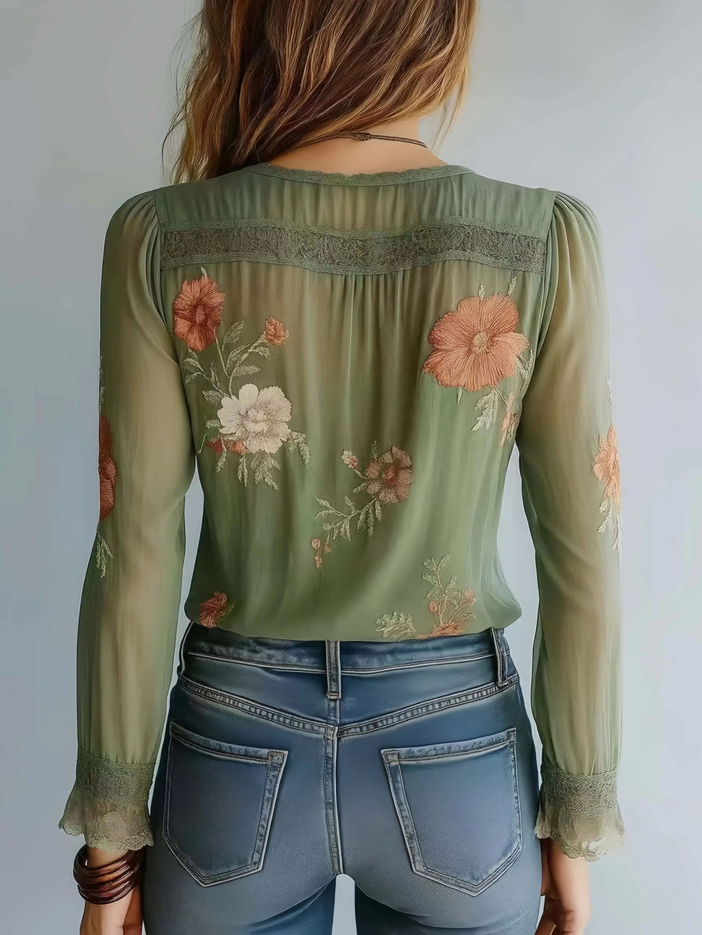 Women's Lace Printed Shirt Boho Floral Green Embroidered Deep V Neck Blouse Top