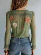 Women's Lace Printed Shirt Boho Floral Green Embroidered Deep V Neck Blouse Top